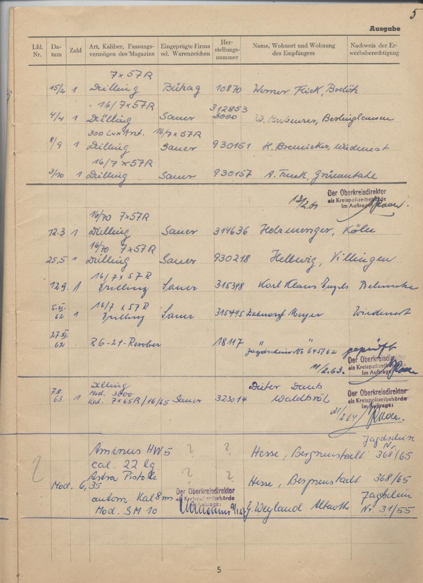 Seite 1 Waffenhandelsgenehmigung von 1953  auf Otto Rauschenbach jr.